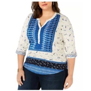 🫐 STYLE & CO Plus Size Ivory Floral Print Top Roll Tab Sleeve Tunic NWT 1X